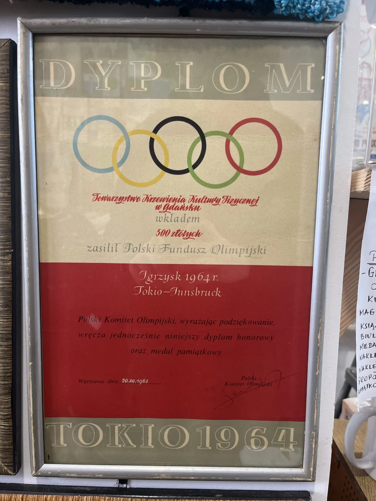 Dyplom wręczony przez Polski Komitet Olimpijski, TKKF Tokio 1964