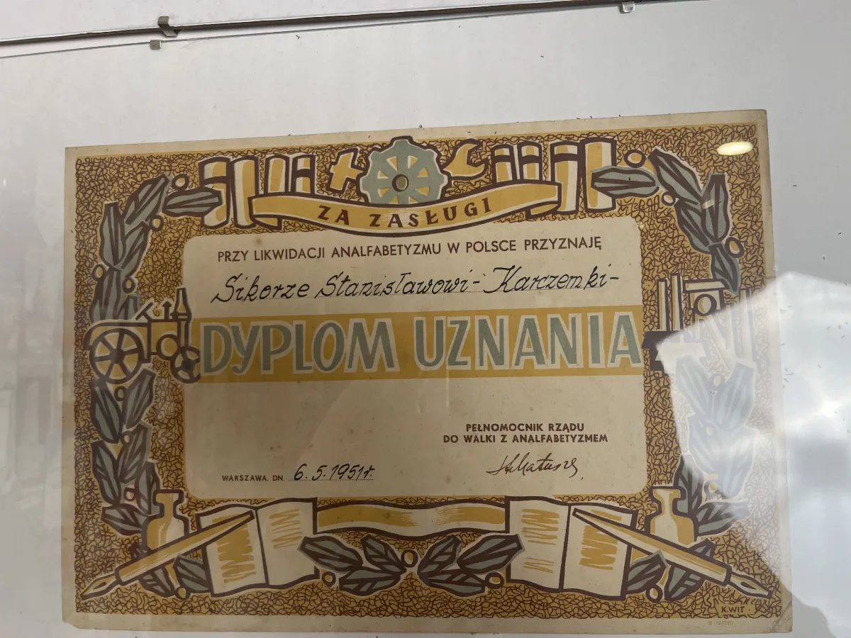 Dyplom uznania za walkę z analfabetyzmem, Stanisław Sikora-Karczemka, 1951