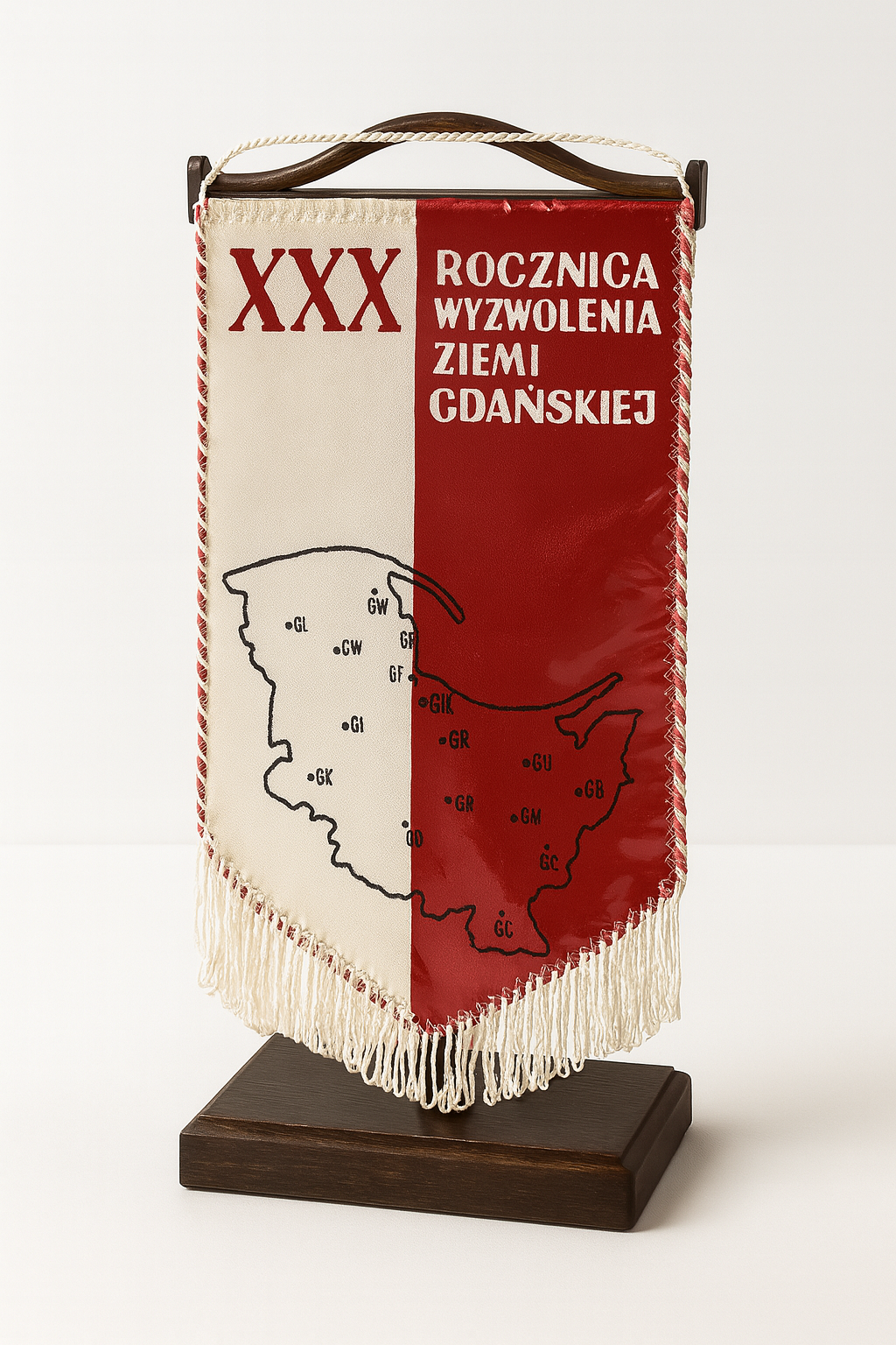Proporczyk XXX Rocznicy Wyzwolenia Ziemi Gdańskiej z mapą regionu Gdańska